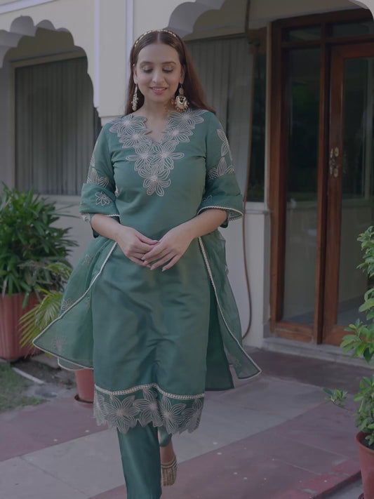 Embroidered Roman Silk Solid Green Kurta