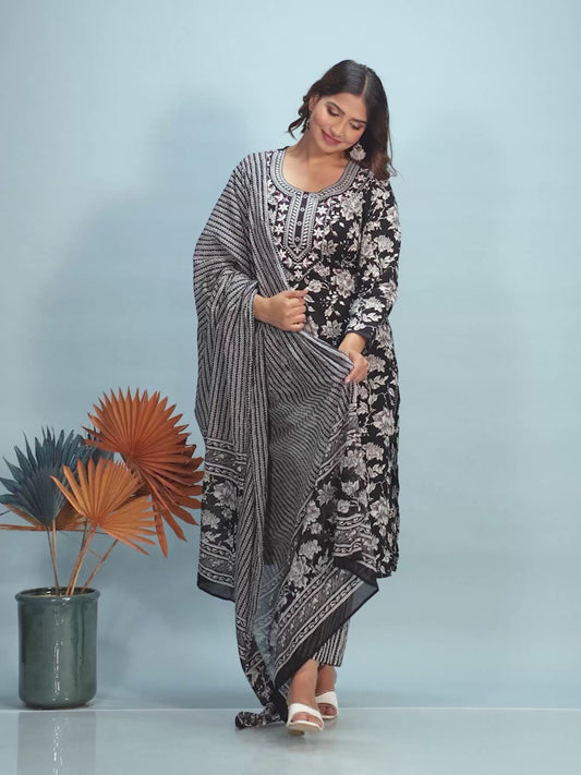 Embroidered Soft Cotton Floral Straight Black Kurta