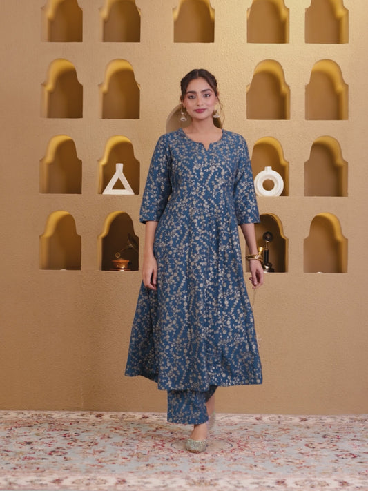 Chinon Gold foil Anarkali Blue Kurta