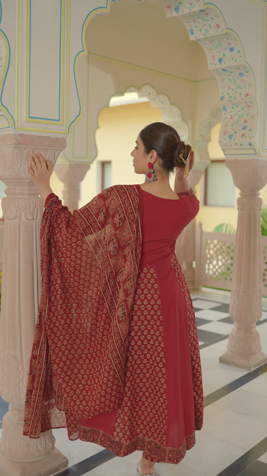 Soft Cotton Ajrakh Angrakha Red Kurta
