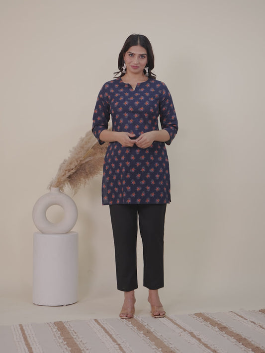 Soft Cotton Floral Straight Blue Kurti