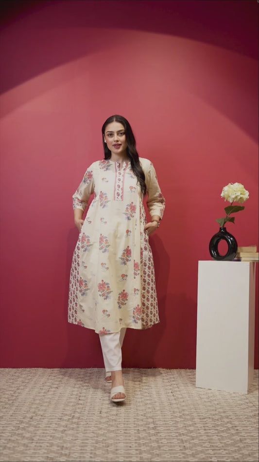 Soft Cotton Floral Flared Off White Kurta