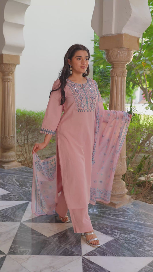 Embroidered Linen Cotton Solid Straight Peach Kurta