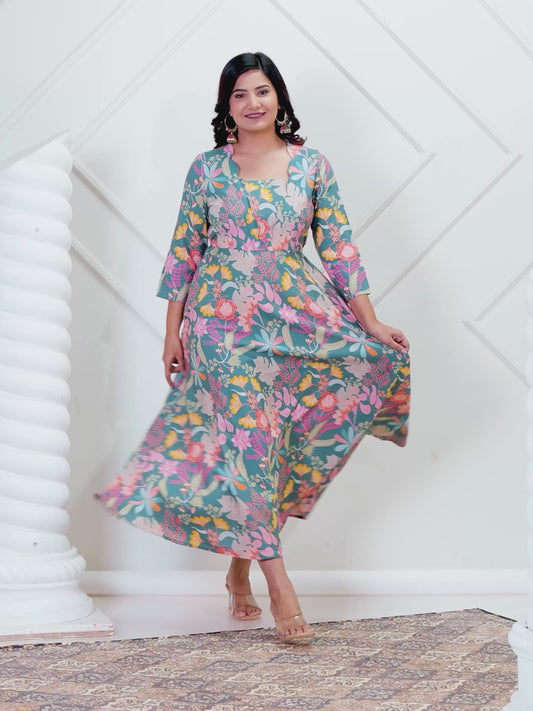 Soft Cotton Floral Flared Multicolor Dress