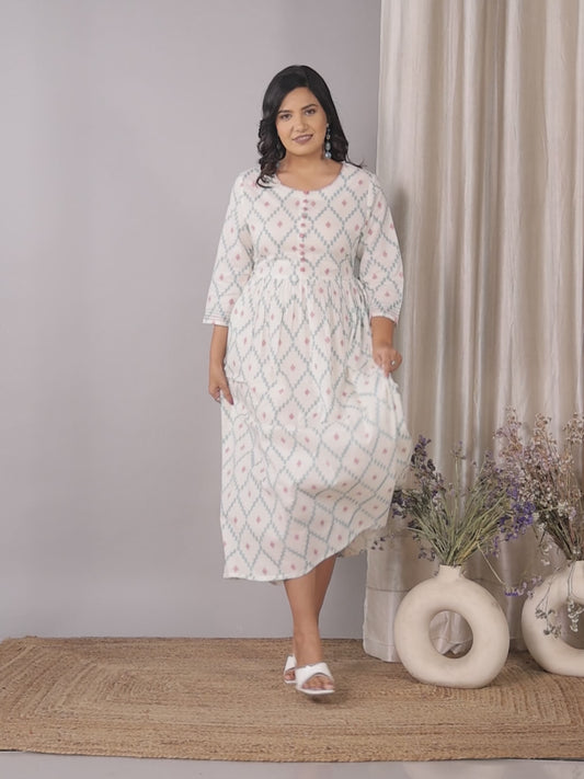 Embroidered Soft Cotton Geometric A-line Off White Dress