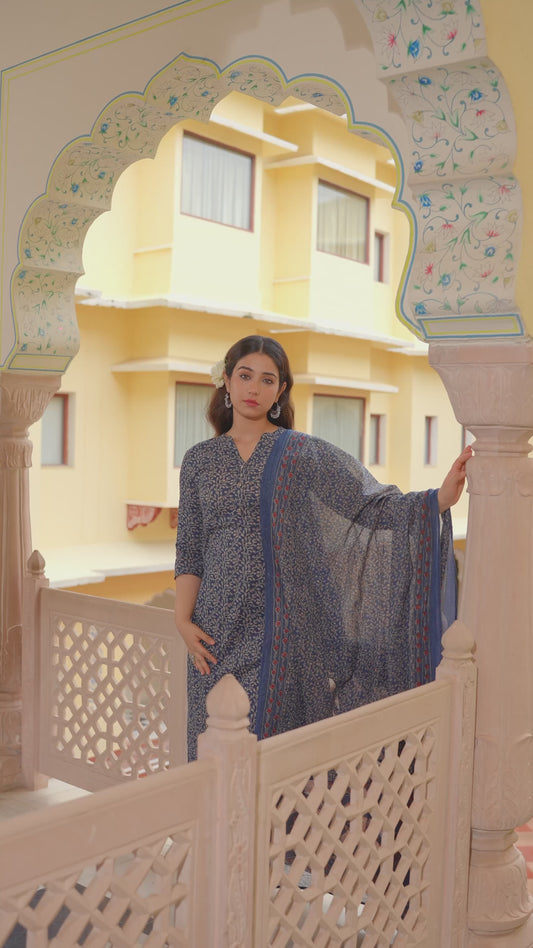 Soft Cotton Floral Straight Blue Kurta