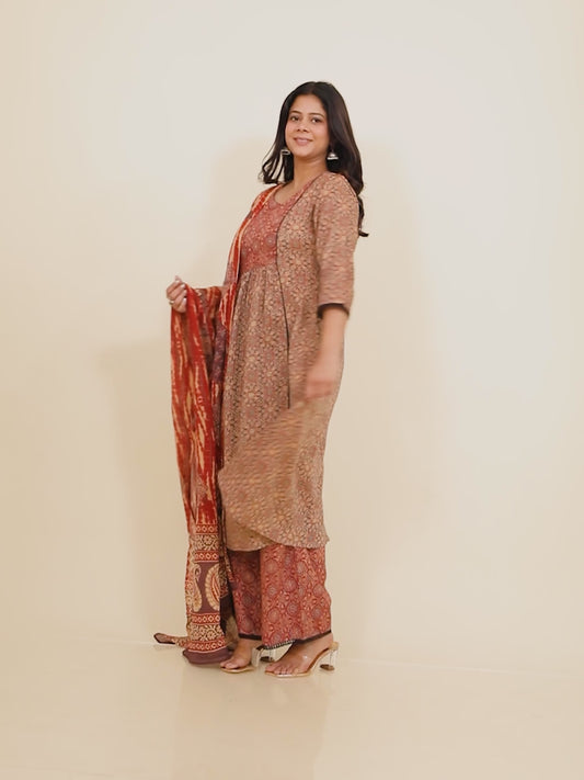 Embroidered Kantha Cotton Ajrakh Panelled Brown Kurta