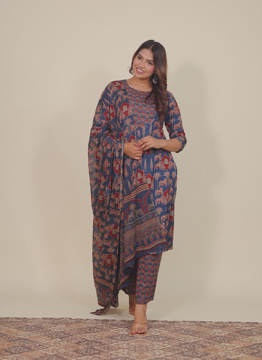 Soft Cotton Abstract A-line Blue Kurta