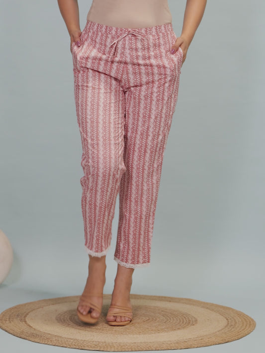 Soft Cotton Striped Pink Tapered Trousers