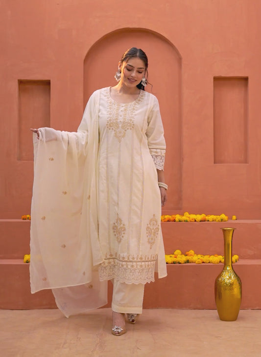 Embroidered Soft cotton Solid Straight Off White Kurta