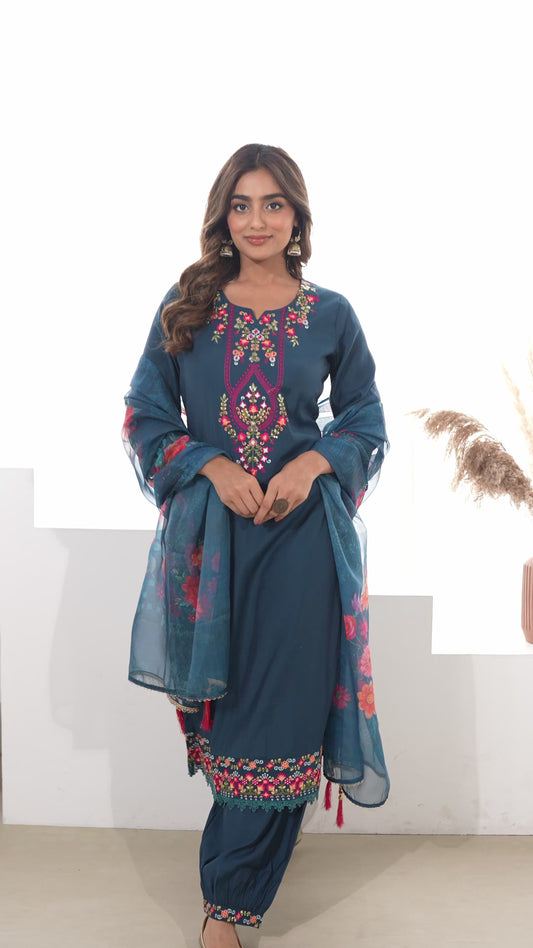 Embroidered Roman silk Solid Teal Kurta