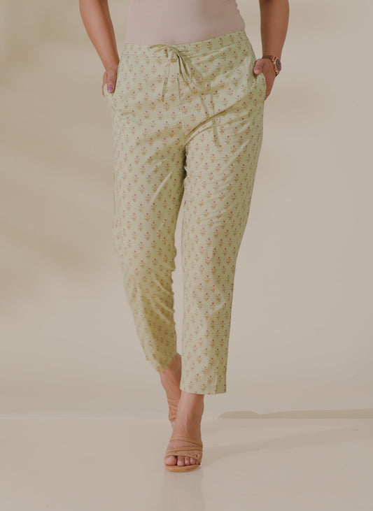 Soft Cotton Block Print Lime Green Tapered Trousers