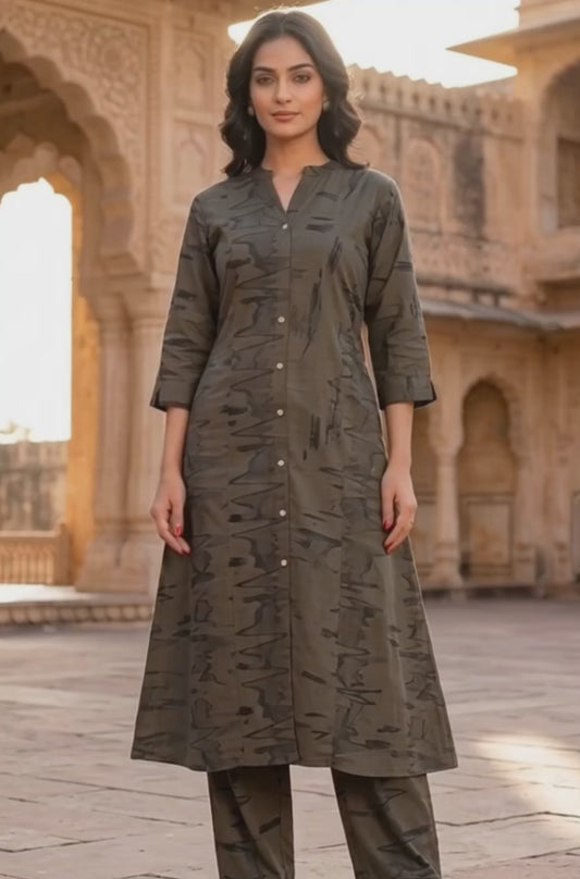 Viscose Abstract A-line Green Kurta