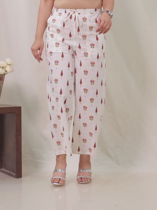 Soft Cotton Floral Off White Straight Straight Trousers