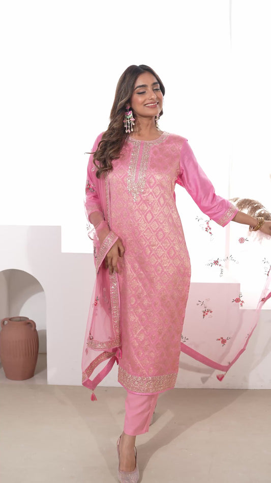 Embroidered Silk Jacquard Pink Straight Kurta