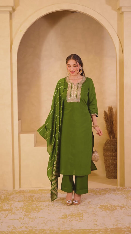 Embroidered Chanderi Solid Straight Green Kurta