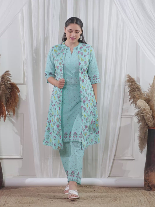 Soft Cotton Floral Straight Mint Green Kurta