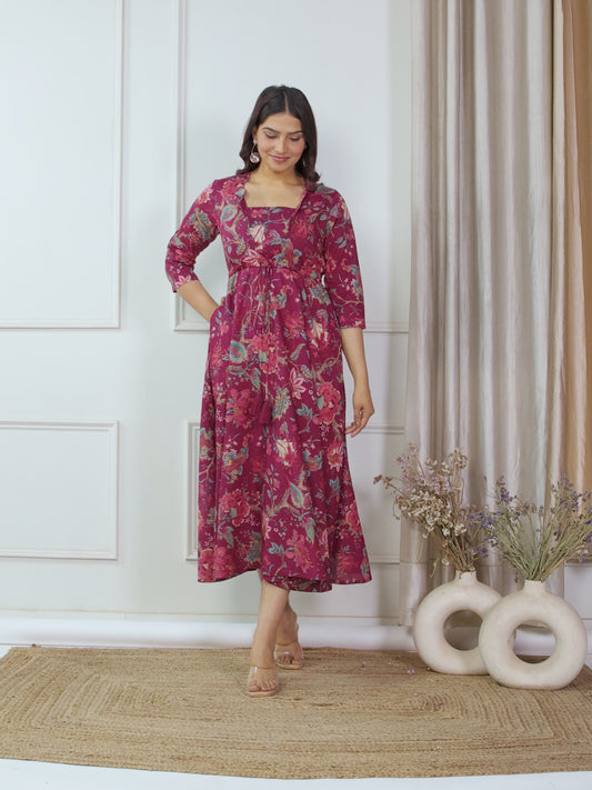 Soft Cotton Floral Anarkali Maroon Dress