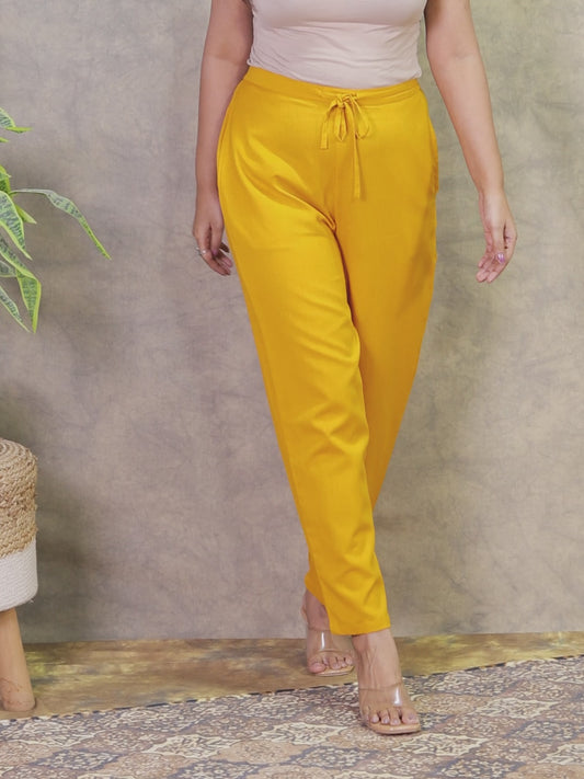 Cotton Dobby Solid Yellow Tapered Trousers