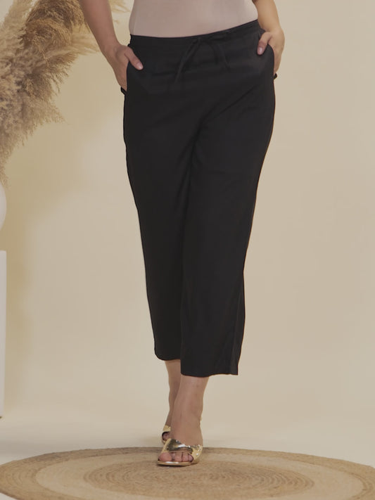Viscose Solid Black Straight Trousers