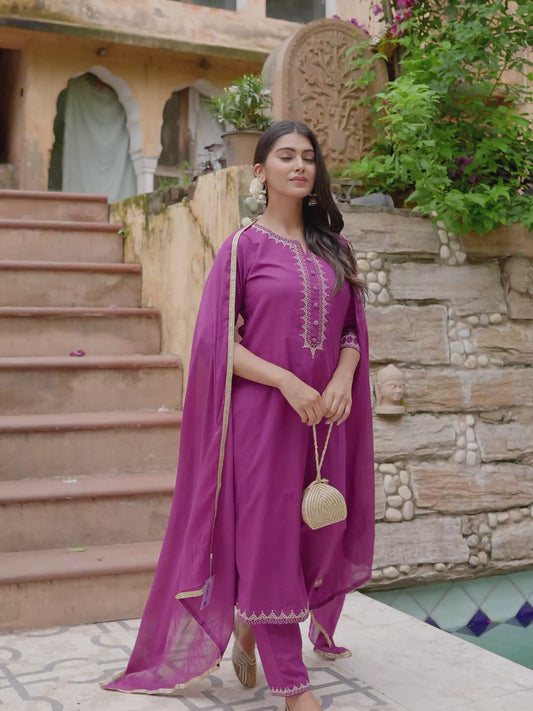 Embroidered Soft Cotton Solid A-line Purple Kurta