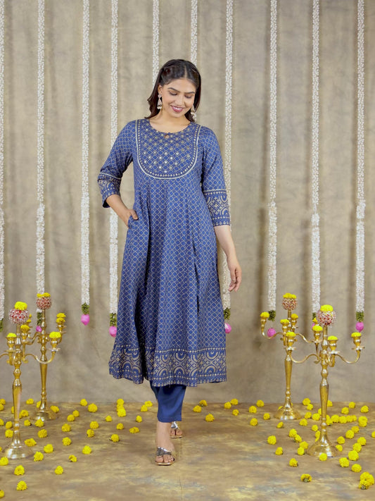 Viscose Gold foil Anarkali Blue Kurta