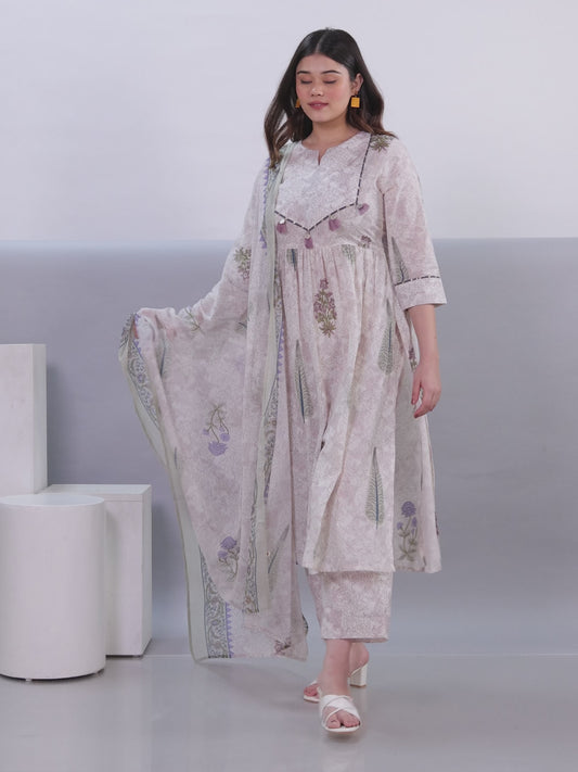 Soft Cotton Floral Flared Off White Kurta