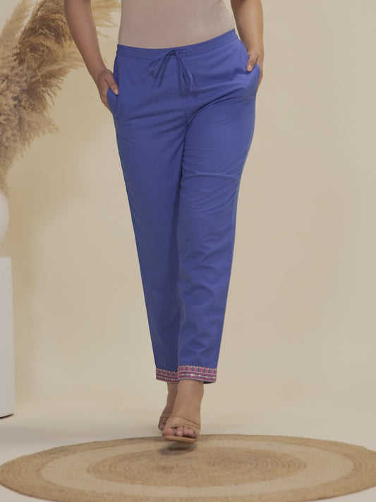 Soft Cotton Solid Blue Tapered Trousers
