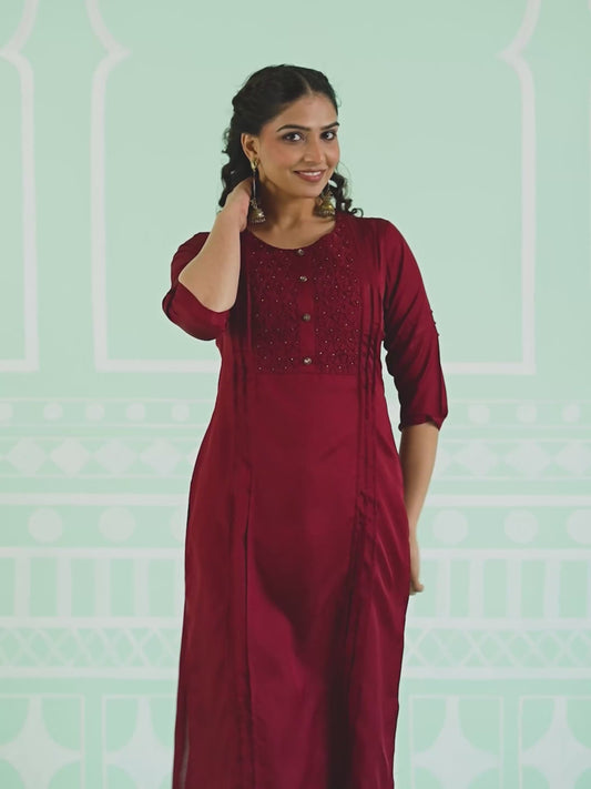Crepe Solid Straight Maroon Kurta