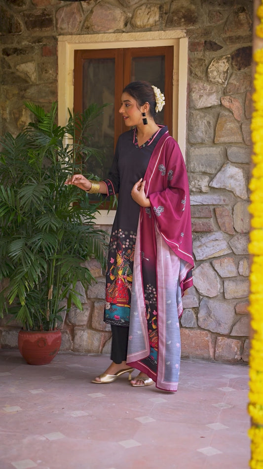 Blended Silk Placement Print Straight Black Kurta