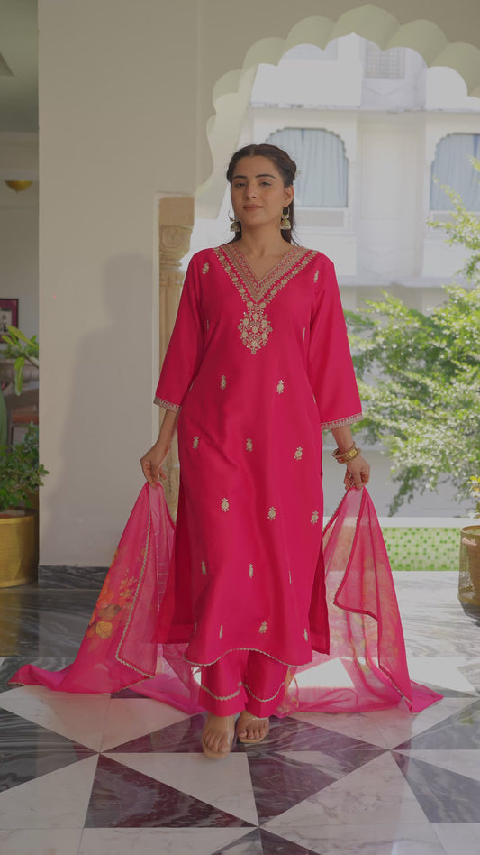 Embroidered Chanderi Solid Burnt Pink Kurta