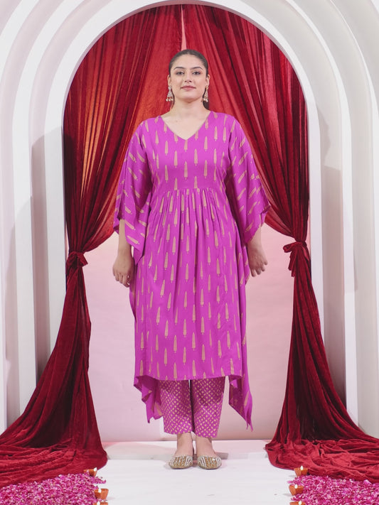 Viscose Gold foil Kaftan Pink Kurta