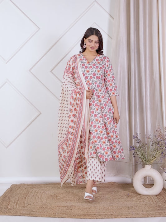 Soft Cotton Floral Flared Beige Kurta