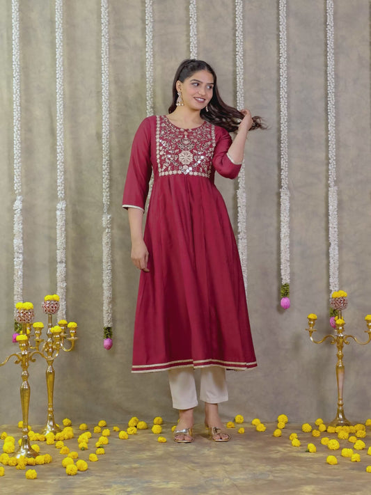 Embroidered Silk Solid Anarkali Maroon Kurta
