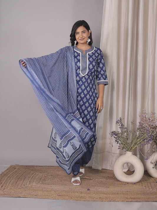 Embroidered Soft Cotton Floral Straight Blue Kurta