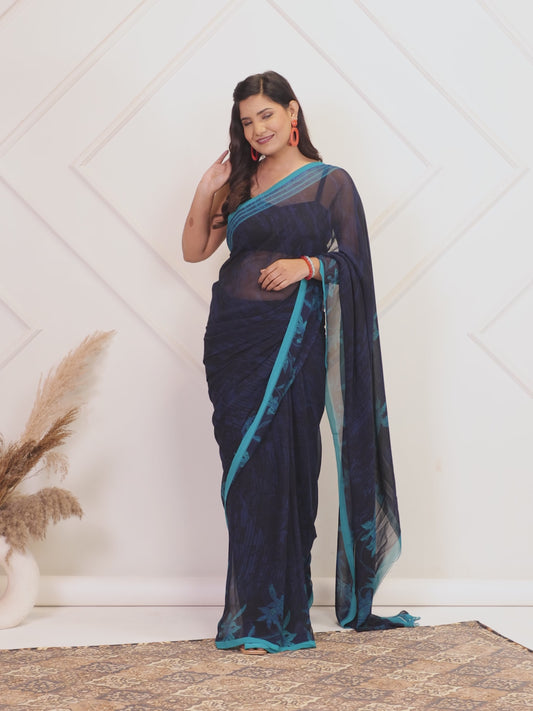 Georgette Digital Navy Blue Saree