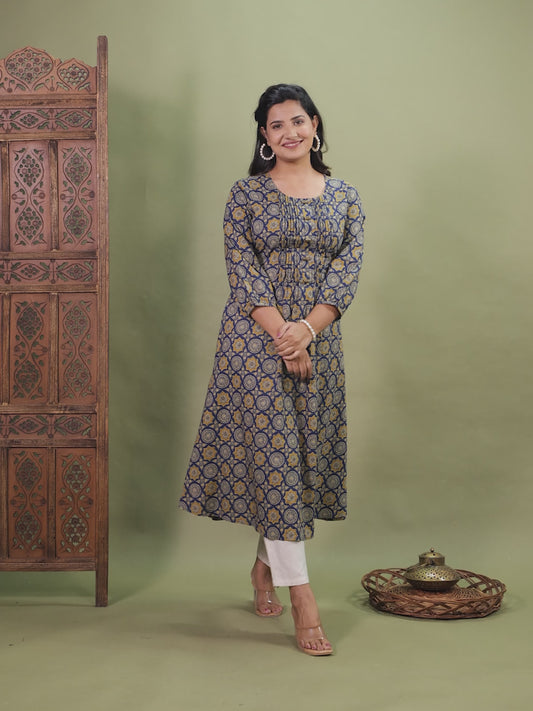 Soft Cotton Geometric Flared Blue Dress