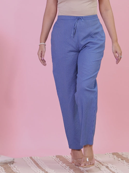 Kantha Cotton Solid Blue Tapered Trousers
