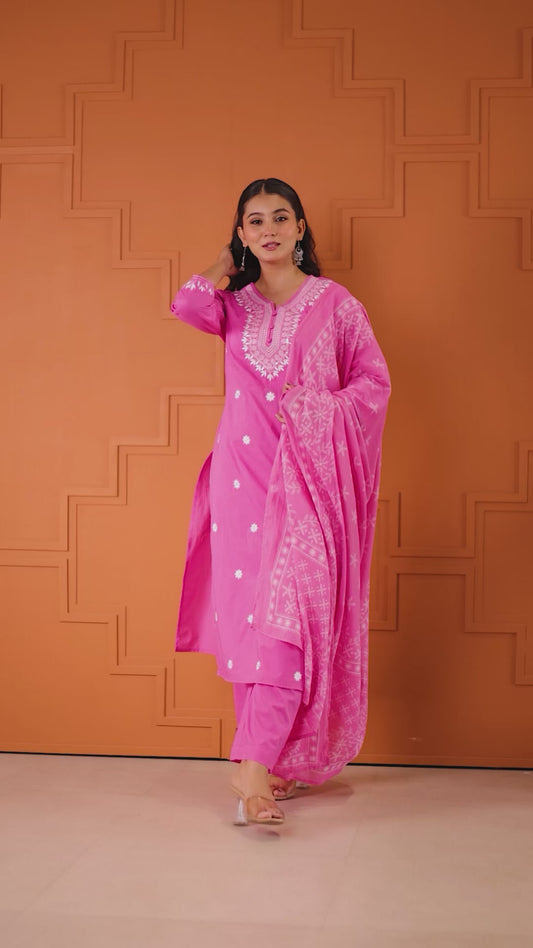 Embroidered Soft cotton Solid Straight Pink Kurta