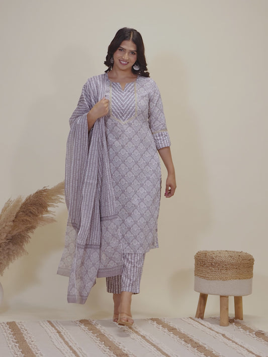 Soft Cotton Hand Block Straight Grey Kurta