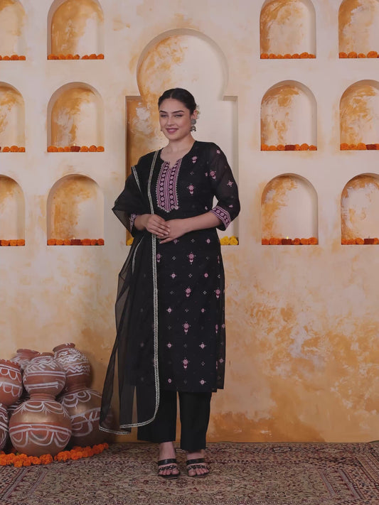 Poly Chanderi Geometric Straight Black Kurta