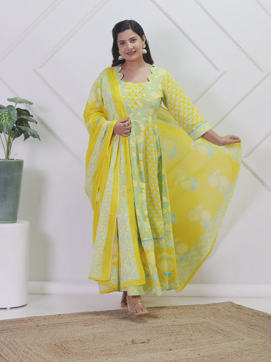 Embroidered Soft Cotton Floral Flared Lemon Yellow Kurta