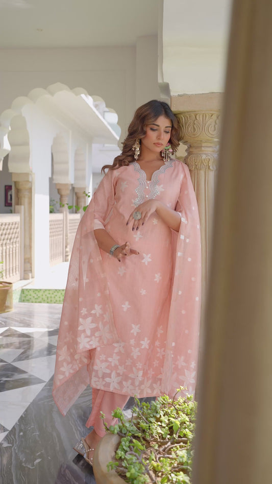 Embroidered Chanderi Jacquard Floral Straight Peach Kurta