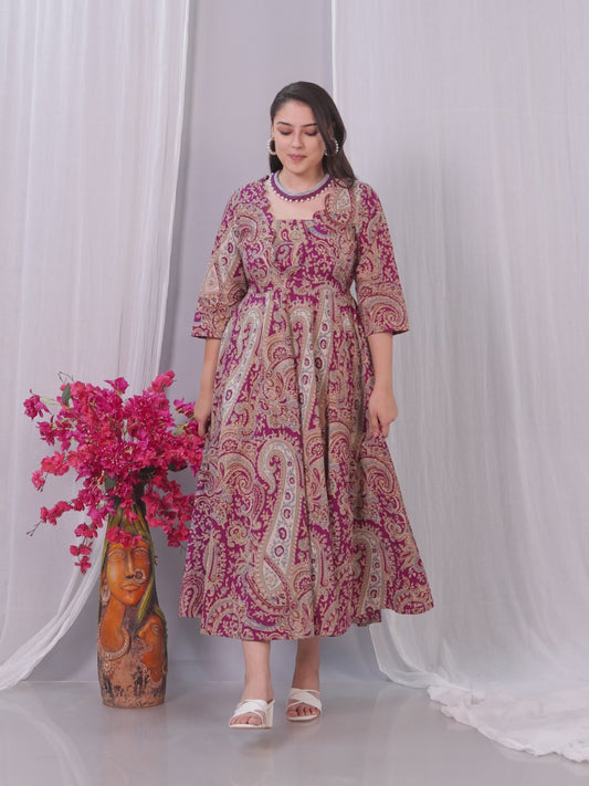 Soft Cotton Paisley Flared Purple Dress