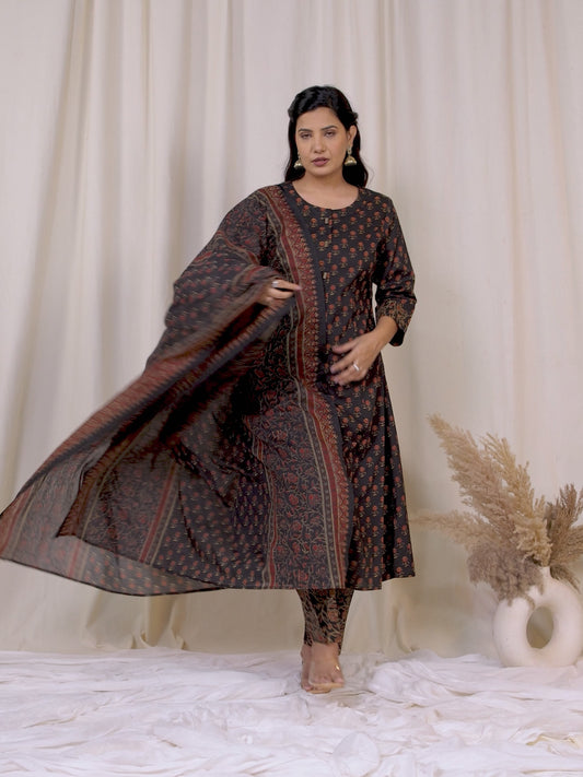 Soft Cotton Floral Flared Black Kurta