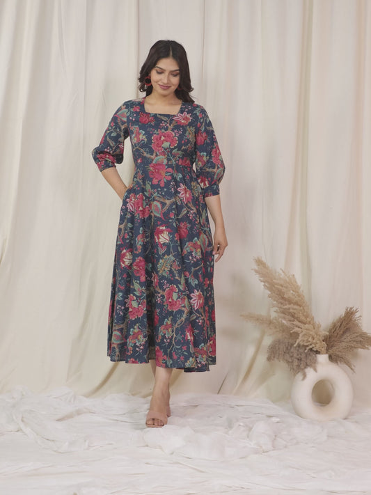 Soft Cotton Floral Flared Multicolor Dress