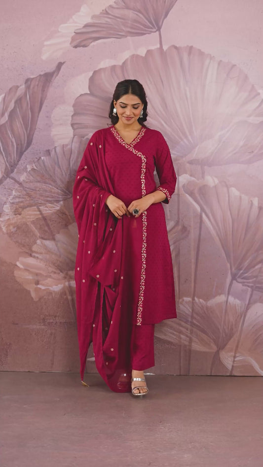 Embroidered Cotton Dobby Solid Straight Maroon Kurta