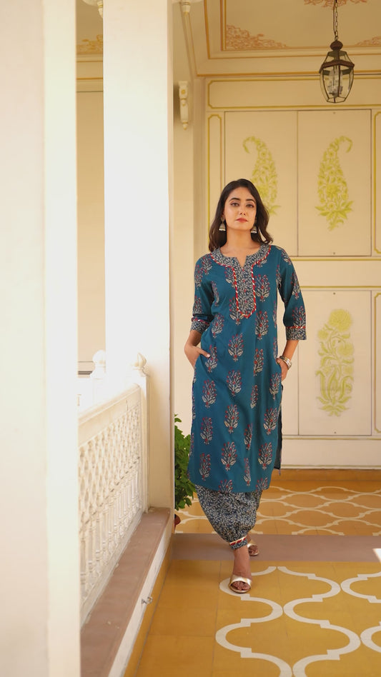 Soft Cotton Floral Straight Blue Kurta