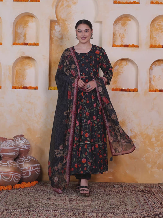Soft Cotton Floral Anarkali Black Kurta