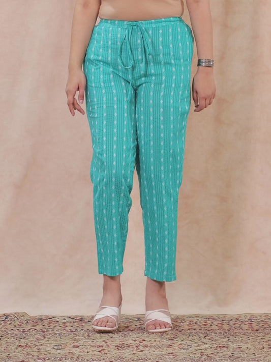 Kantha Cotton Woven Design Turquoise Tapered Trousers